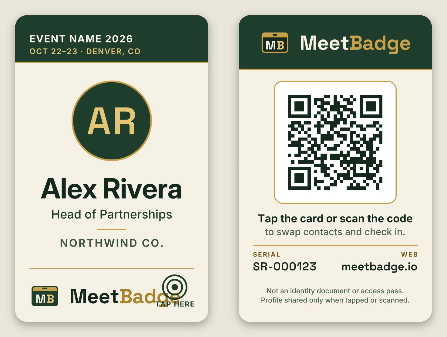 Ivory MeetBadge badge, front and back (sample: Alex Rivera, Head of Partnerships, Northwind Co.)