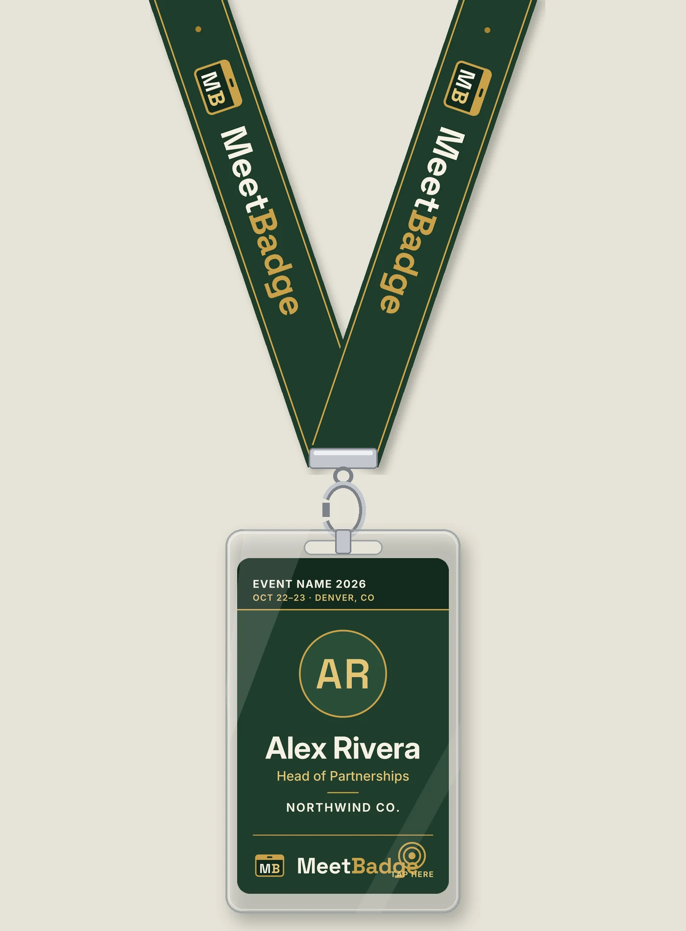 Swamp-green MeetBadge badge in a clear case on a MeetBadge lanyard (illustration)