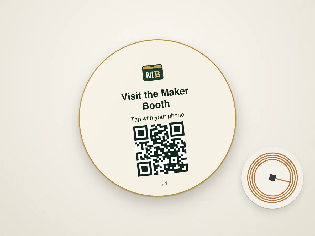 Quest Sticker: a round 2.5 inch cream label with a gold edge, the MeetBadge mark, the quest name "Visit the Maker Booth", "Tap with your phone" and a QR code, with the 25 mm NFC chip that sits under it shown beside it