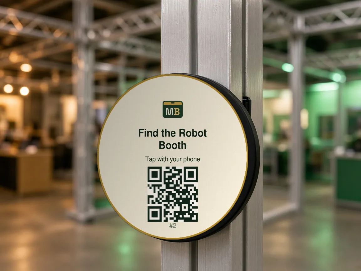 Illustration: a Metal-safe Quest Sticker reading "Find the Robot Booth" on an aluminium booth frame in an expo hall
