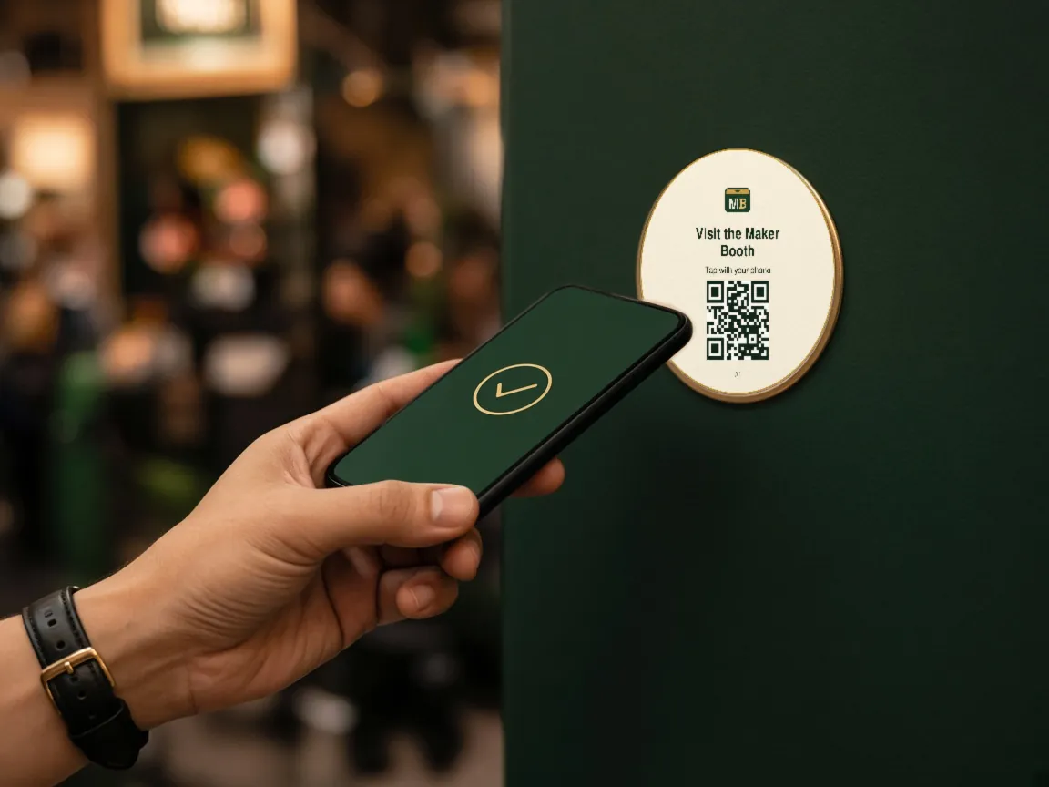 Illustration: a hand holding a phone with a gold check mark on screen, tapping a Quest Sticker on a dark green booth wall