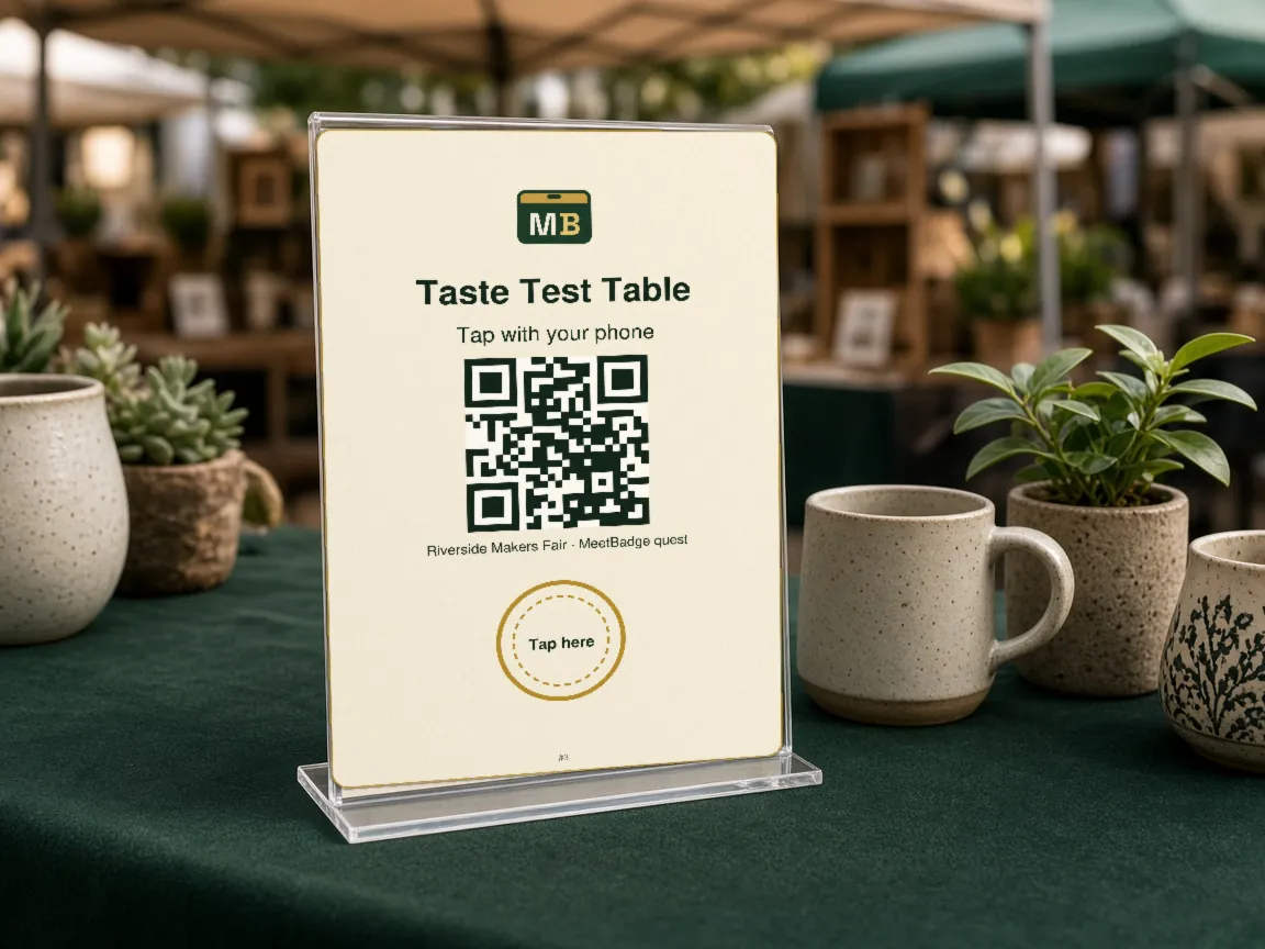 Illustration: a Quest Sign reading "Taste Test Table" in a clear acrylic stand on a green vendor table with ceramic mugs and plants at a market