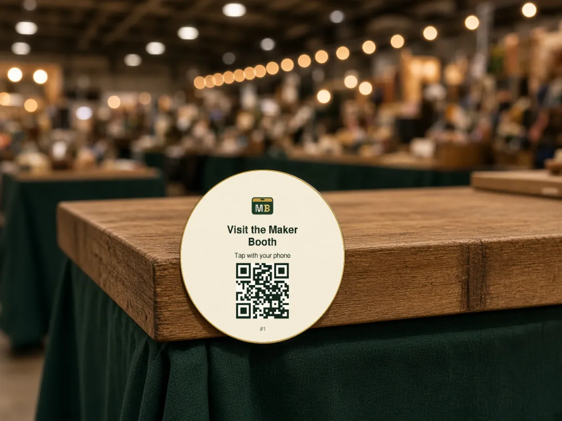 Illustration: a Quest Sticker reading "Visit the Maker Booth" stuck to the edge of a wooden booth table with a green cloth, in a busy, softly blurred convention hall