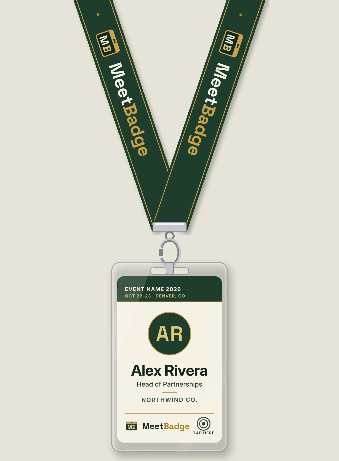 Ivory MeetBadge badge in a clear case on a swamp-green MeetBadge lanyard (illustration)